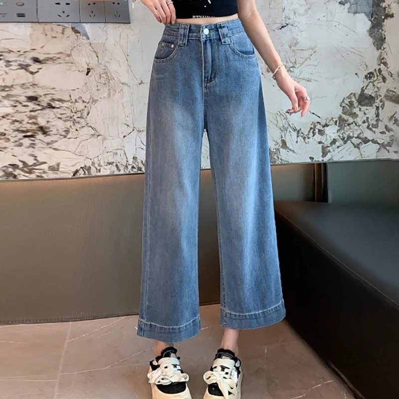 

Chic Blue Jeans 2024 Summer New Women High Waisted Loose Straight Legs Trousers Vintage Casual Pocket Wide Leg Cropped Pants