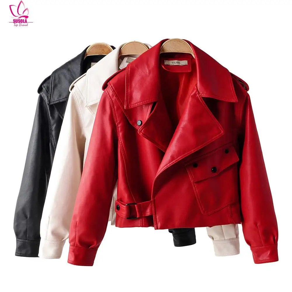 SUSOLA Nowa jesienna damska kurtka ze sztucznej skóry Pu Motorcycle Biker Red Coat Turndown Collar Loose Streetwear Black Punk Outerwear