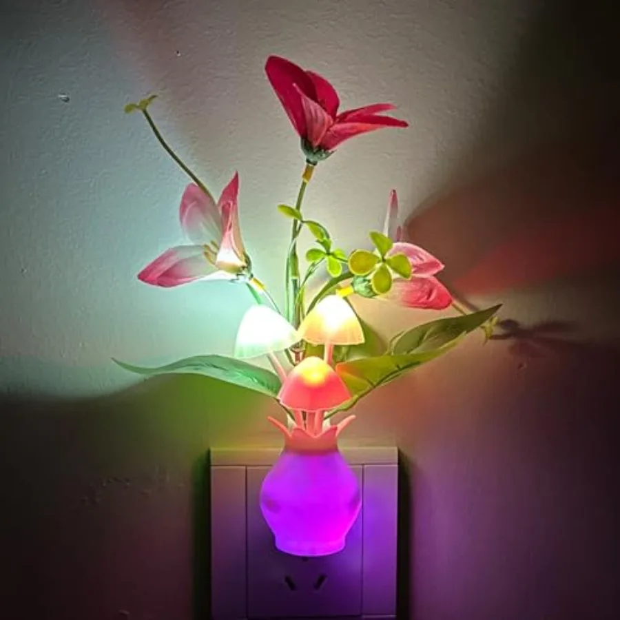 Flower Night Light with Sensor, Plug-in Color Changing LED Lamp Mushroom Night Light, Auto Dusk-to-Dawn Sensor, 7-Color Gradien