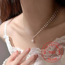 Korean 925 Sterling Silver Lip Chain Pearl Double Layer Asymmetry Choker Pendant Necklace for Women Female Retro Luxury Jewelry