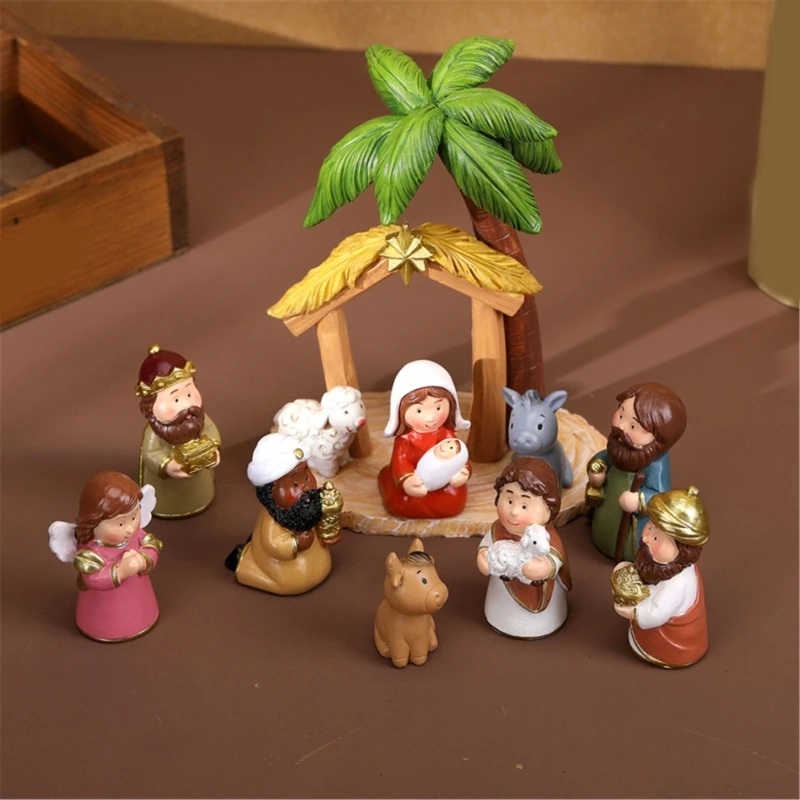 Resin Nativity Scene Figures Set Christmas Decors Cartoon Manger Scene Miniatures Figurines Ornaments for Mantels Table D2RD