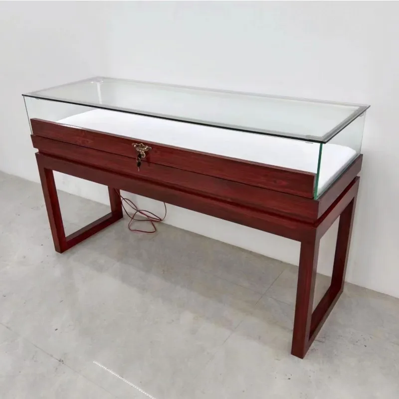 Vintage Solid Wood Display Cabinet for Jewelry & Antiques, Glass Showcase for Collectibles, Museum Exhibit Stand
