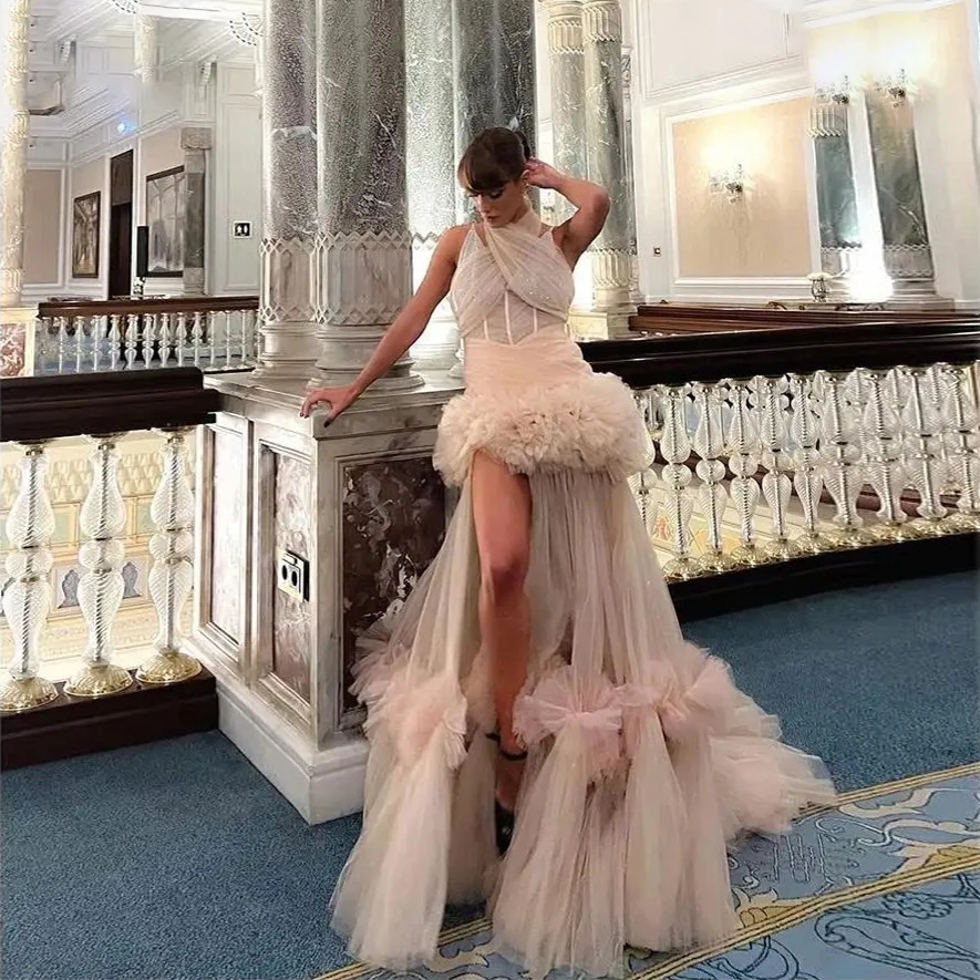 Beauty Pink Long Formal Dresses With Ruffles Floral Details Off Shoulder Women Maxi Dress To Wedding Bridal Dress Ruffled