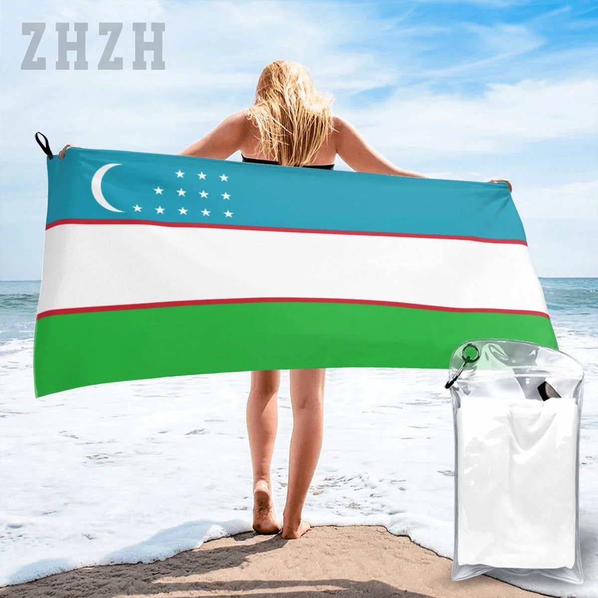 More Design Uzbekistan Flag Emblem Bath Towel Quick dry Microfiber Absorbing Soft Water Breathable Beach Swimming Bathroom