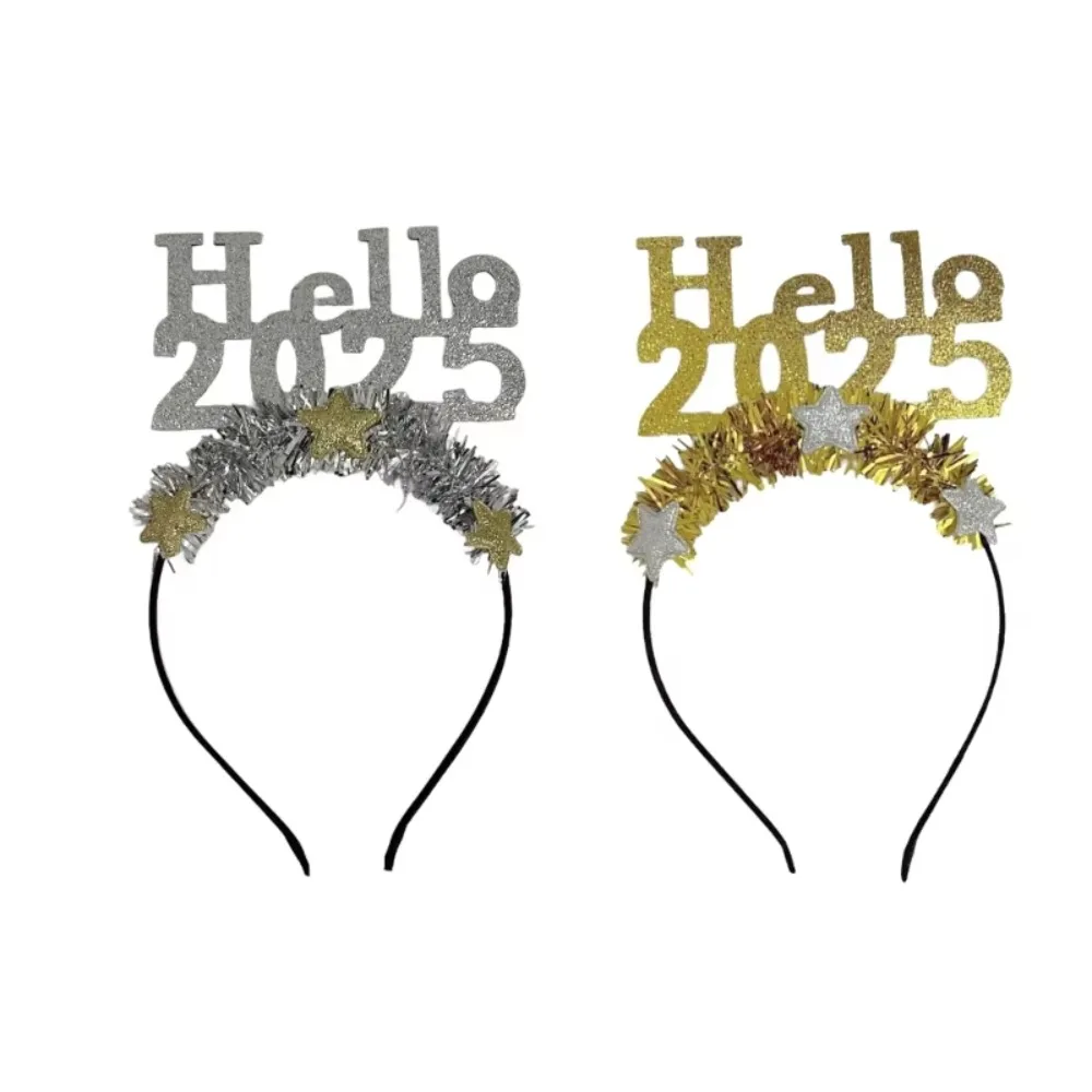 Hello 2025 Happy New Year Headband Star Sequin Christmas Headpiece Headwear Cute New Year Decoration Headdress Party Decoration