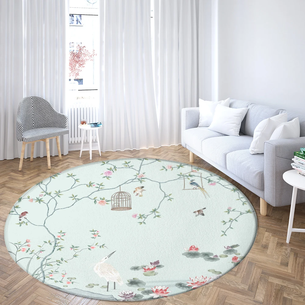 Flower Bird Carpet Round Rugs Peony Rose Sofa Rug Home Living Room Bedroom Bathroom Floor Mats Print Decorate 