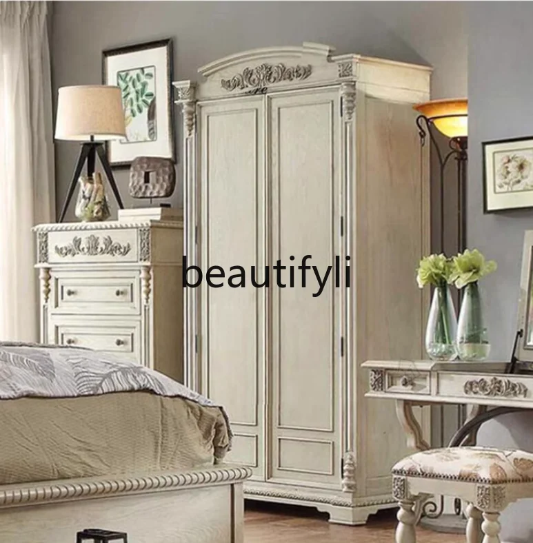 

American Style Solid Wood Wardrobe Double Door White Bedroom Storage Cabinet European Style Vintage Carved Four-Door Closet
