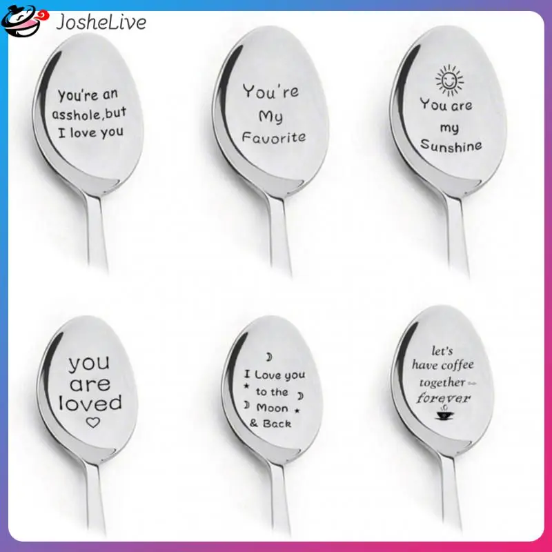 I Love You Blessing Words Stainless Steel Long Handle Ice Spoon Couple Gift Together Forever Coffee Lettering Spoon Kitchen Item