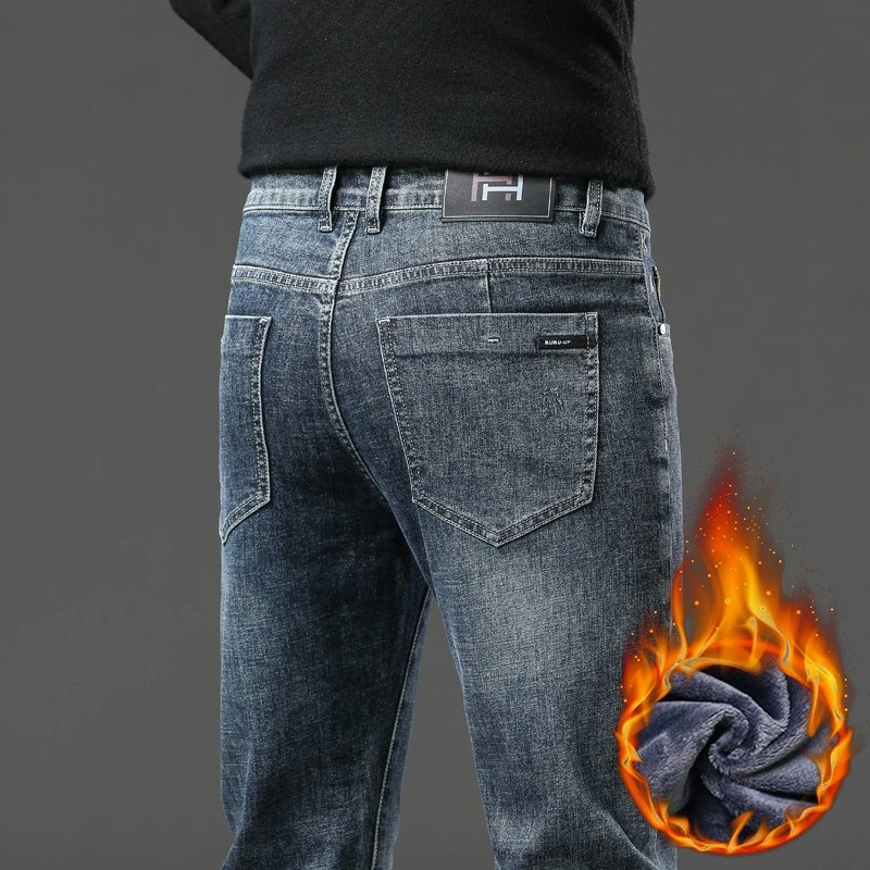 سميكة الصوف الجينز ملابس رجالية شتاء موضة جديدة خمر مستقيم تمتد مريحة الدافئة المخملية سراويل جينز #4