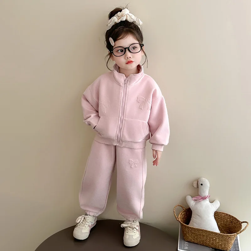 Girls' Leisure Set Spring 2026 New Fashionable Children's Fashion Spring Dress Girl Baby Stand Up Collar Sports Two Piece Set
