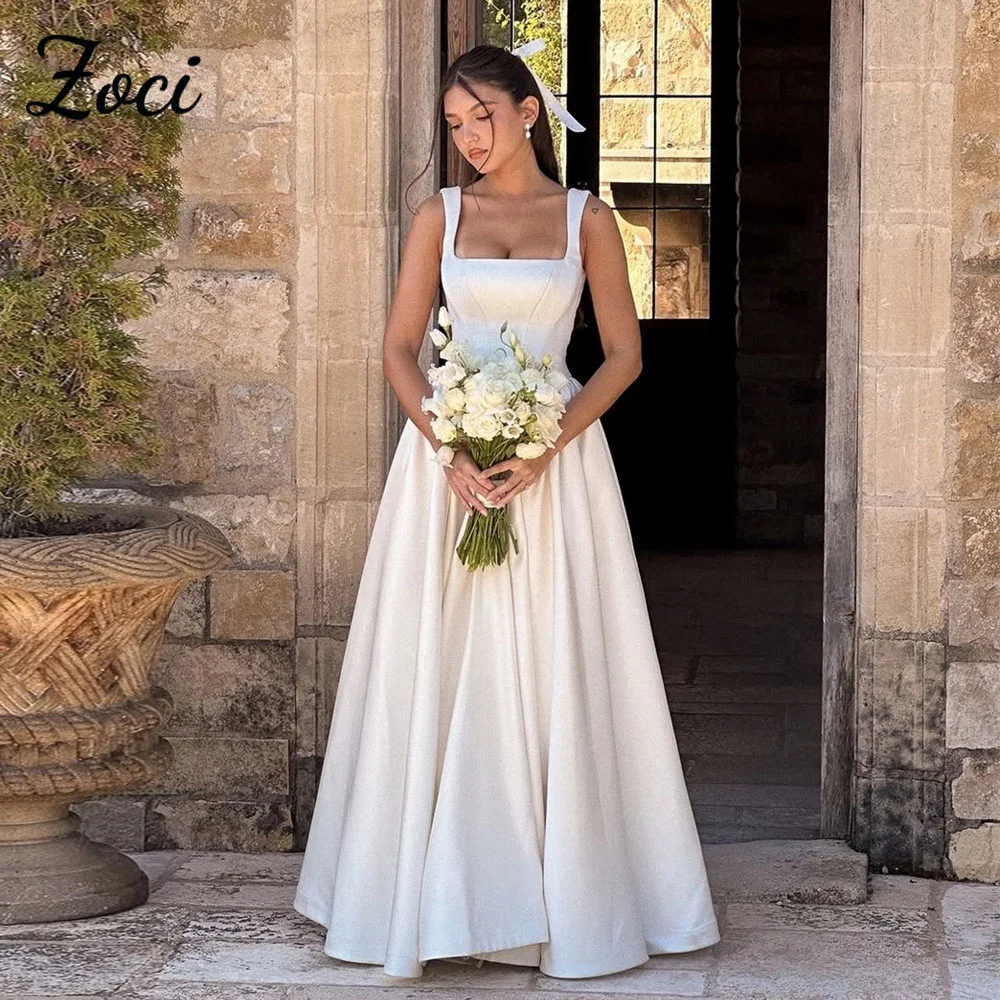 

Zoci Princess Square Neck Wedding Dresses 2025 Wide Straps Satin A Line Bride Dress Customized Puffy Draped Beach Bridal Gown