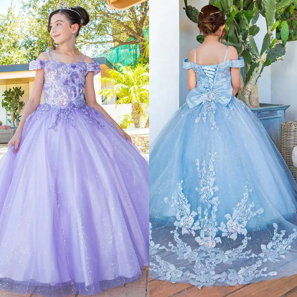 Luxury Purple OR Blue Flower Girl Dress Printing Premium Solid Fluffy Princess Wedding Party Ball First Communion Evening Gowns