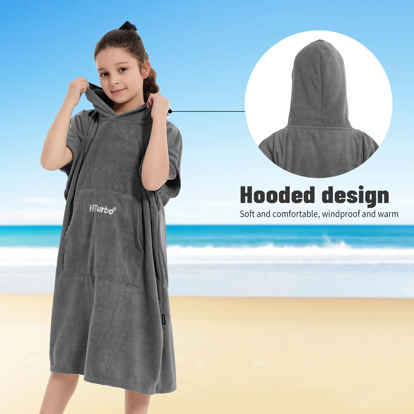 Hiturbo Kinder-Schwimmhandtuch mit Kapuze, Surf-Poncho, Wickelmantel, schnell trocknendes Mikrofaser-Wickeltuch mit Tasche und Kapuze – Detail 5