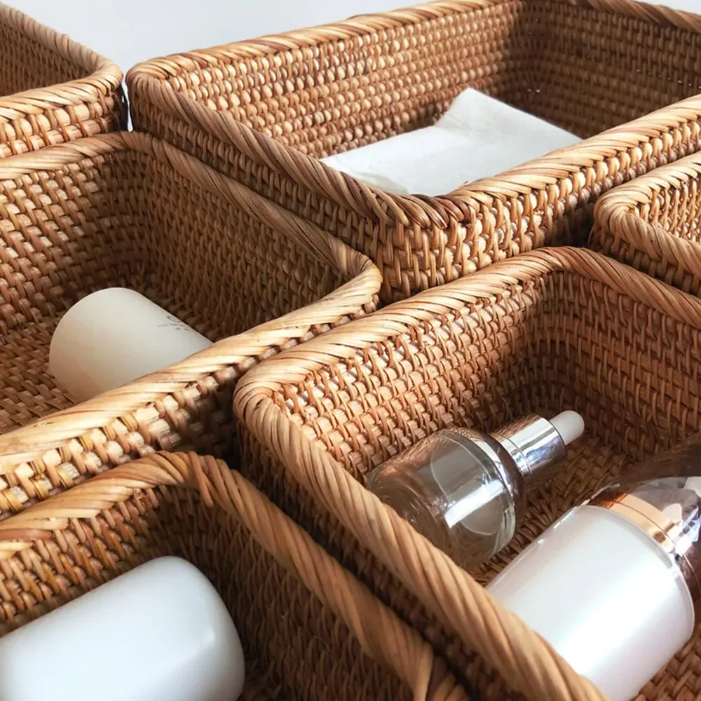 Manual Rectangular Weaving Rattan Wicker Basket Fruit Snacks Tray Bread Hand-knitted Box Portable Picnic Storage Box Mini basket