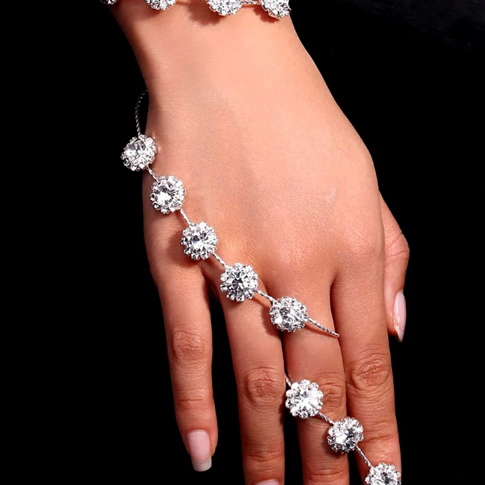 XSBODY Hand Flower Palm Bracelet Cuff Girls Y2k Handmade Zircon Bangle Luxury Adjustable Open Claw bracelet Hand Accessory Gift