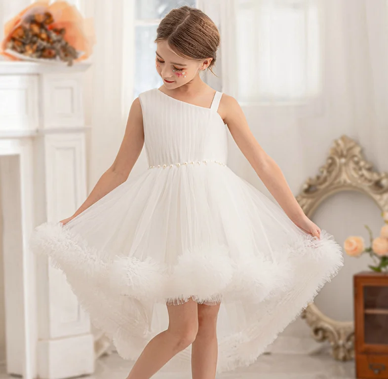 

Retail New Baby Girls Boutique White Flower Mesh Dress, Princess Kids Elegant Solid Party Birthday Dress Holiday 4-8T