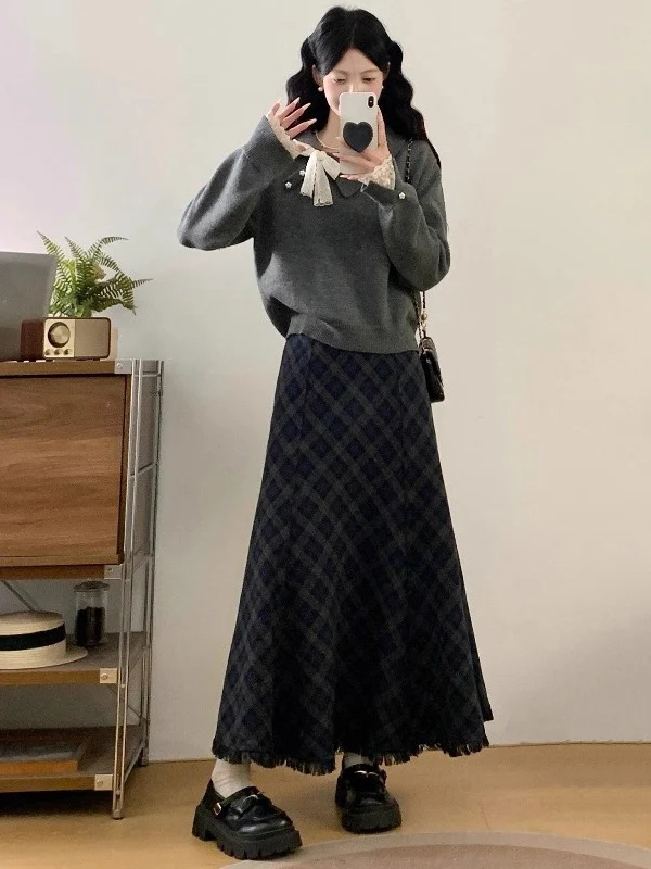 

Gray Sweater Plaid Skirt Two-Piece Set Large Size Women's Fashion Autumn Leisure Style High Waist Long Skirt Commute Wind