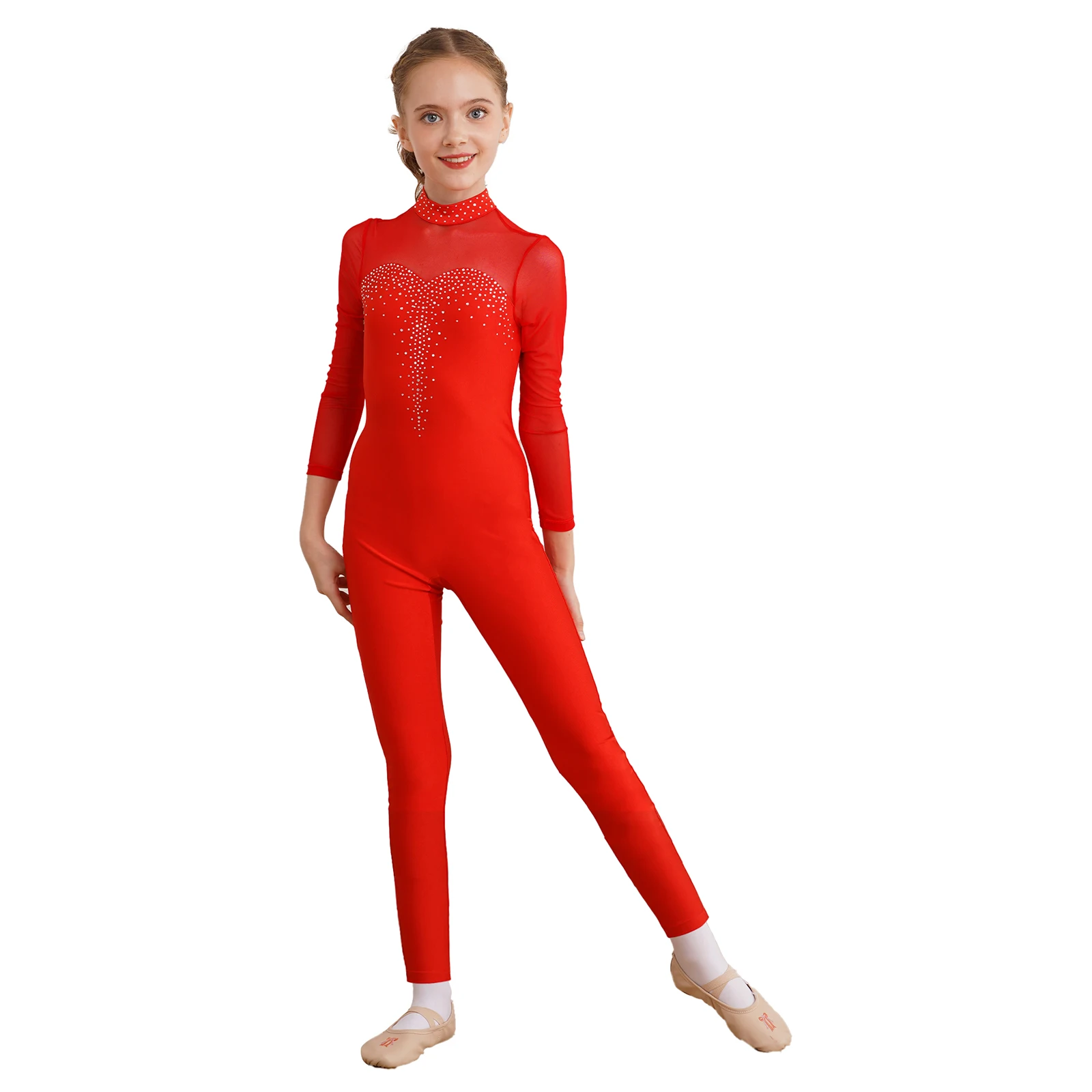 Kids Balletschaatsen Unitard Voor Meisje Strass Bodysuit Doorschijnende Mesh Lange Mouw Catsuit Kinderen Gymnastiek Jumpsuit Dancewear