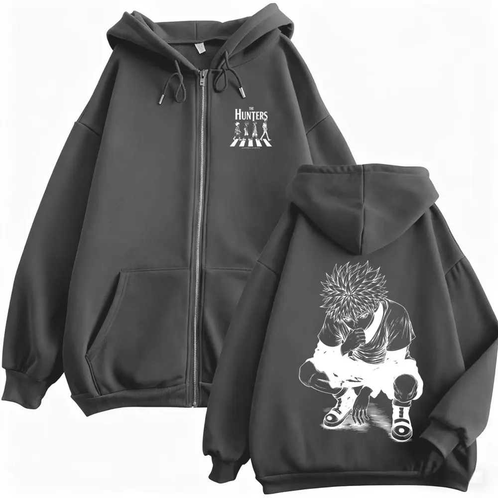 Anime Hunter X Hunter Reißverschluss-Hoodie Manga Killua Zoldyck Zip-Up-Jacke für Männer und Frauen Lässiger Vintage Oversized Zip-Up-Sweatshirt-Mantel – Detail 5