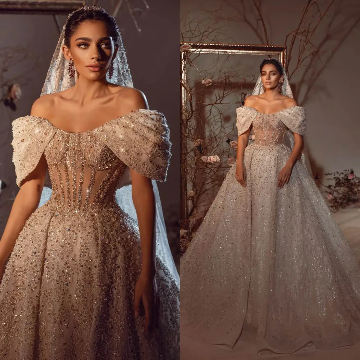 고급스러운 A라인 레이스 스팽글 여성 웨딩 드레스 섹시한 오프숄더 민소매 볼 브라이덜 가운 맞춤형