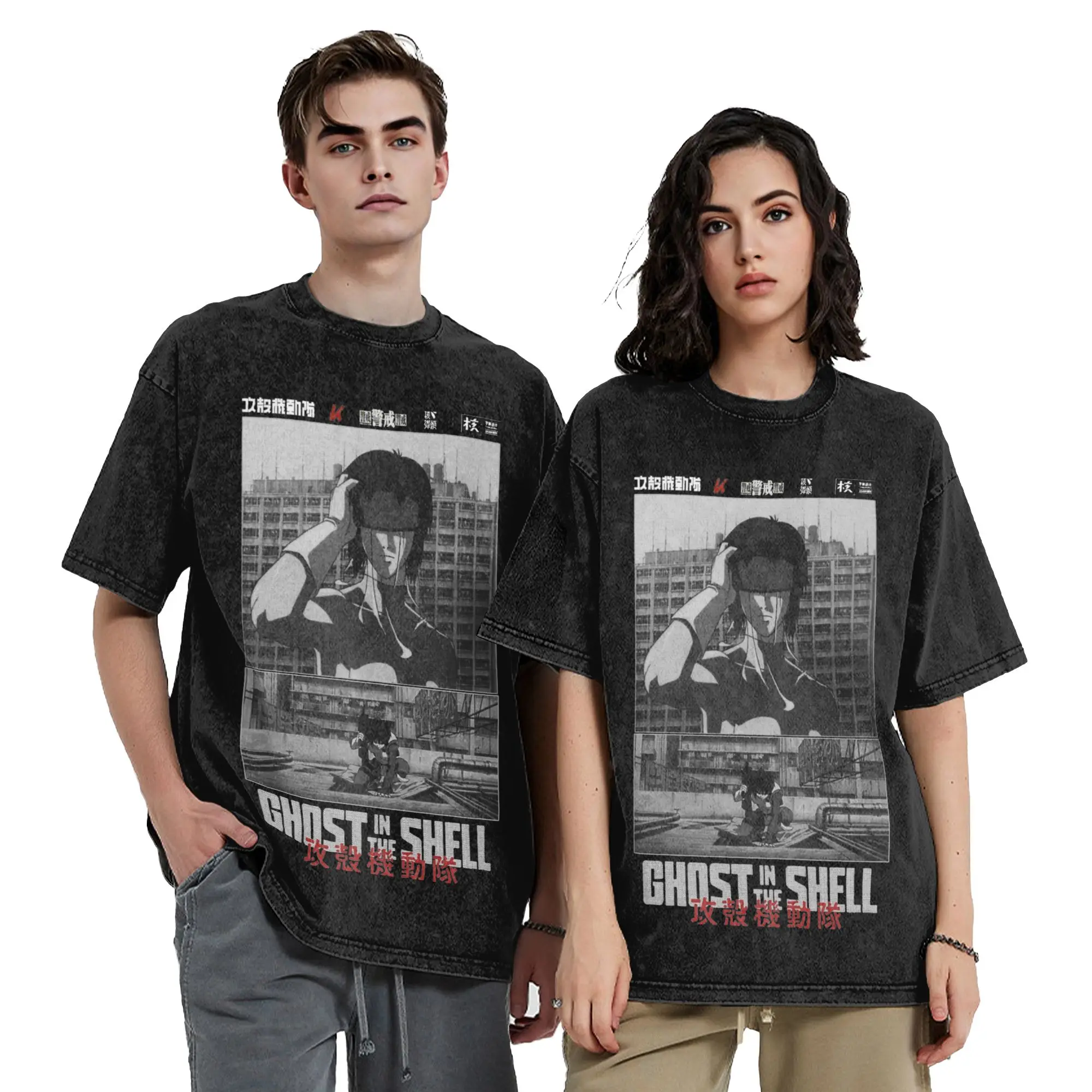 Major Motoko Kusanagi Ghost in the Shell  Vintage Washed T Shirt Men's Cotton Clothes Funny  Crewneck Short Sleeve