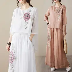 Summer Women Pant Sets Retro Linen Light And Thin Shirt Embroidered Casual Pullover Ramie Top + Trousers Female Outfits Z1695