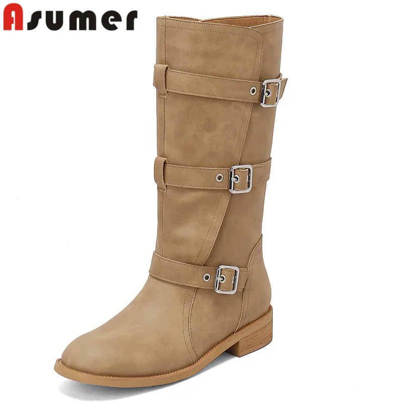 

ASUMER 2024 New Genuine Leather Pleated Knee High Boots Ladies Buckle Winter Boots Square Med Heels Motorcycle Boots