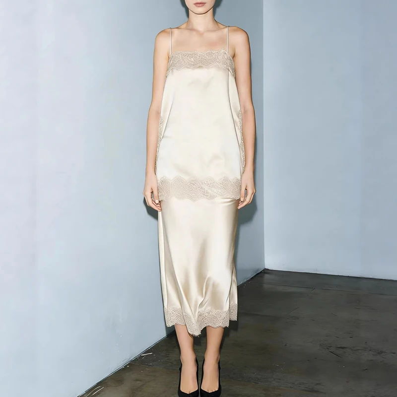 

Модный комплект из топа-бюстье с открытыми плечами и длинной юбки для женщин: элегантный атласный однотонный костюм с кружевными вставками для летних вечеринок, комплект из 2 предметов