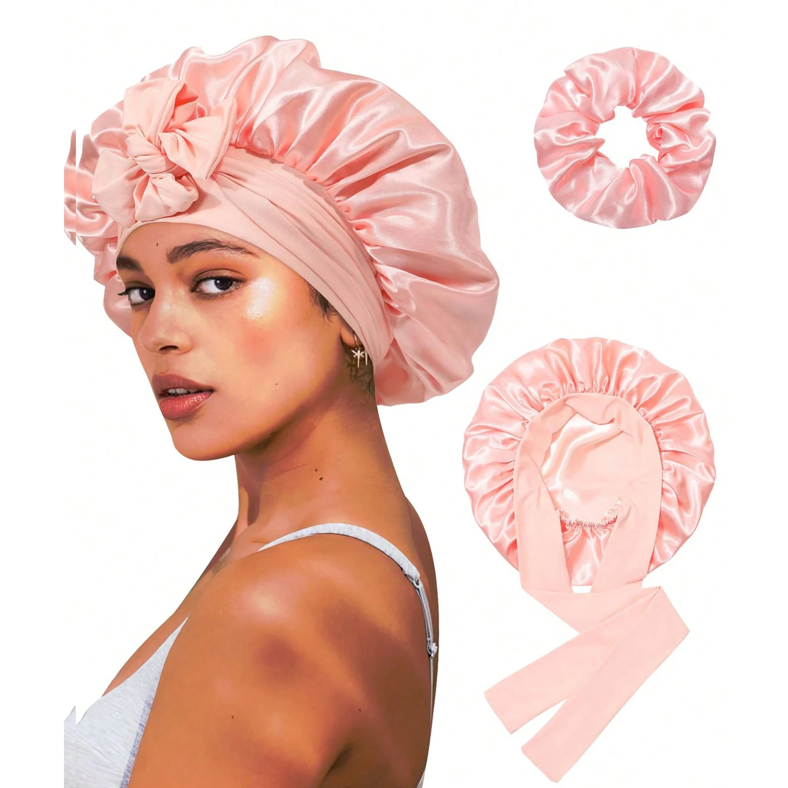 1set Satin Silk Bonnet for Sleeping Women, Hair Bonnet with Elastic Tie Band for Curly Natural Hair