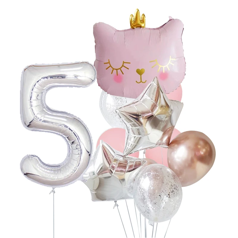 11 Pcs Pink Black Crown Cat Digital Aluminum Die Balloon Cartoon Character Wedding Happy Birthday Party Baby Shower Decorations