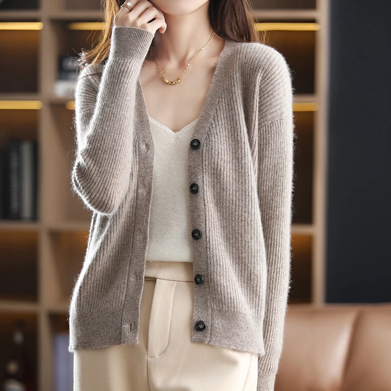 

Contracted fashion V-neck all wool cardigan women autumn winter loose sweater coat temperament cashmere jacket