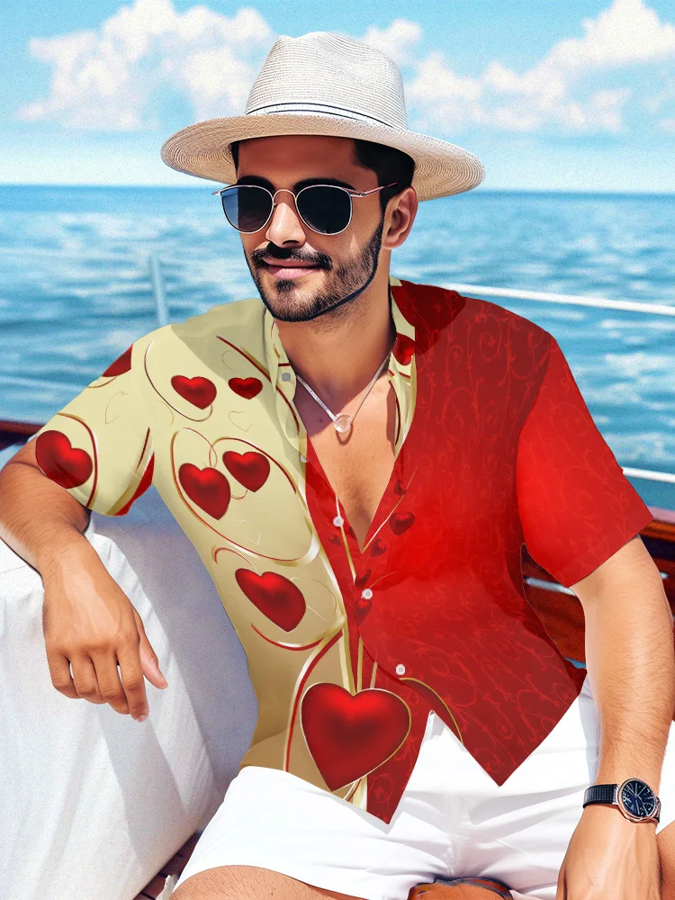 

Summer Hawaiian Shirt Luxury Love Heart Print Party Beach Funny Y2k Tops Streetwear Fashion Tops Short Sleeve Creative Clothes