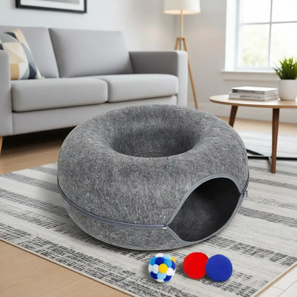 

Большая кровать-тоннель или домик для игр с 3 игрушками, устойчивая к царапинам кровать-пончик, до 13,6 кг (длина 24x24x11, серый)