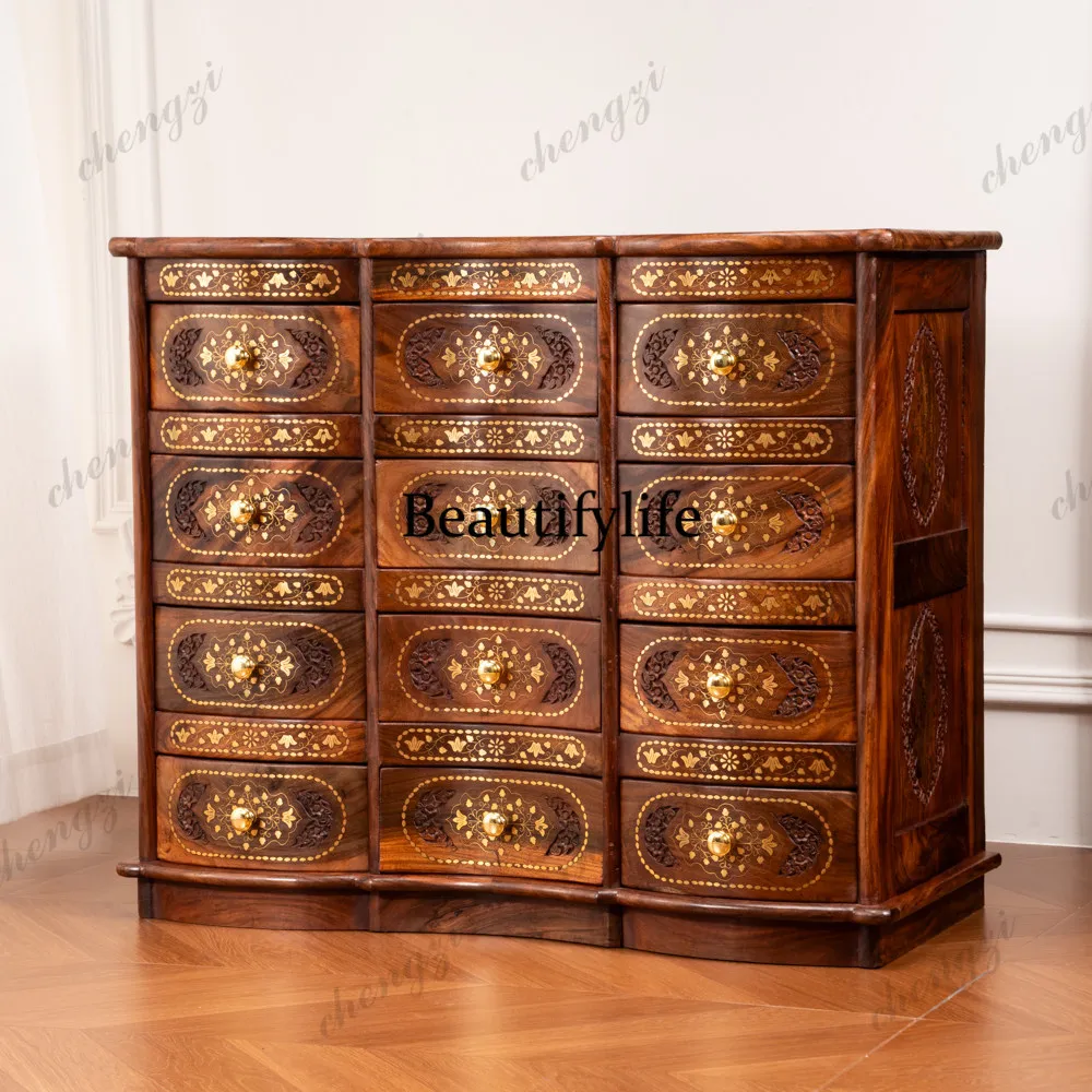 British multi-bucket storage solid wood copper decoration carved drawer living room entrance large capacity chest