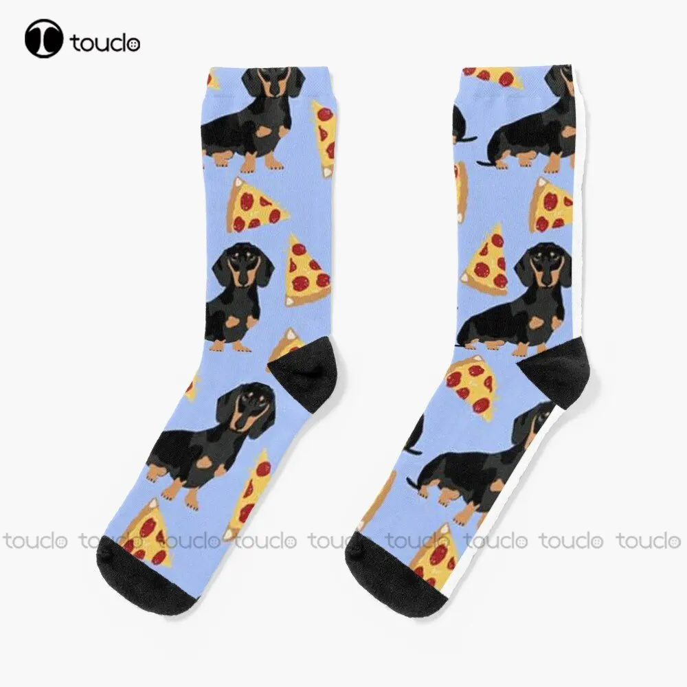 

Dachshund Dog With Pizza Funny Socks Mens Socks Crew Personalized Custom Unisex Adult Teen Youth Socks Custom Gift Streetwear