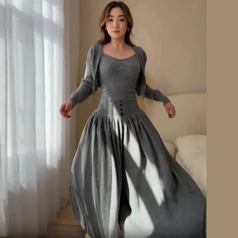 Women Knitted 3 Piece Spaghetti Strap Ribbed Cami Top Long Sleeve Cardigan High Waist Button Decor Flowy Maxi Skirt Matching Set