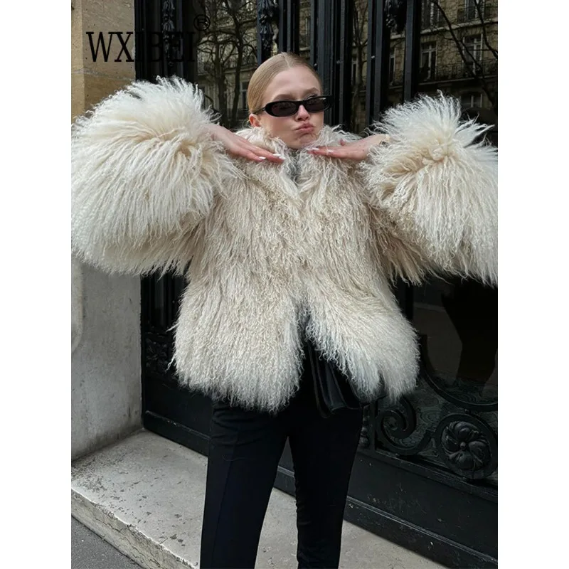 Elegant Furry Faux Fur Warm Short Coats Women Round Neck Long Sleeve Thickened Jacket 2024 Winter Lady High Street Outwear