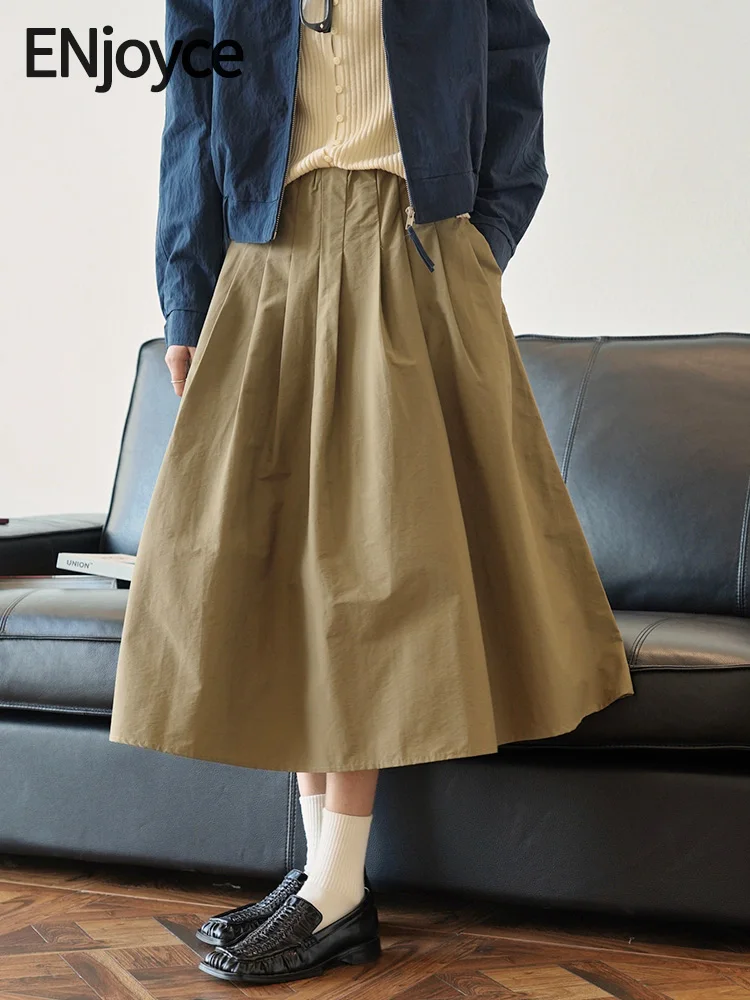 Women Vintage Pleated High Waist Skirts 2024 Fall Ladies Elegant Workwear A-line Drape Maxi Dress Mid-Length Skirt