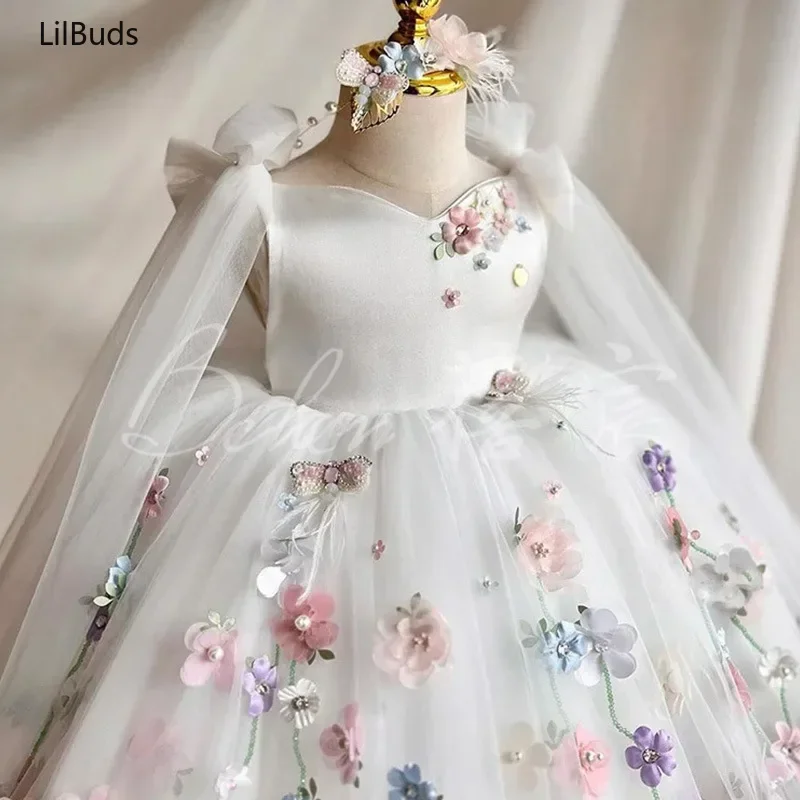 2024 Children's Elegant Clothes Matching Kids New White Childhood Puffy Yarn Flower Sweet Cute Lolita Princess Dress Costume