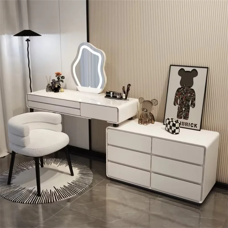 Luxury Makeup Dressing Table Nordic LED Vanity Drawer Mirror Comfortable Stool Soild Wood Dressing Table Woman Bedroom Furniture