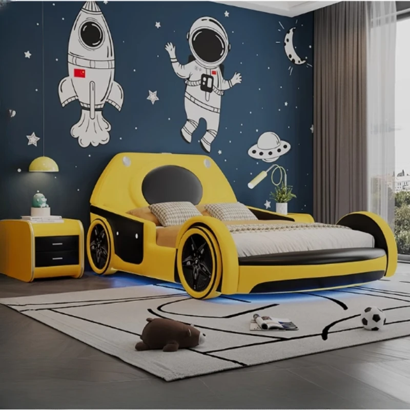 For LED Lights Storage Kids Bed Full Size Luxury Headboard Frame Children Car Beds Modern Design Cama De Casal Bedroom Furniture