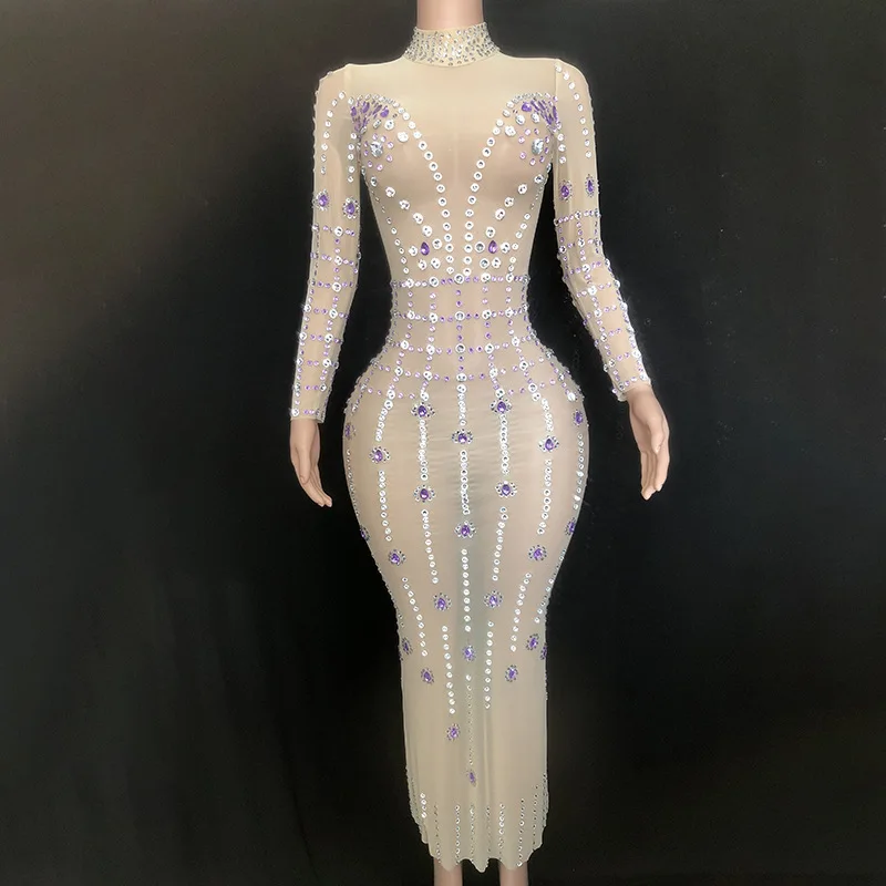

Apricot Color In Summer, Elegant Light Purple Diamond High Elastic Mesh Yarn Perspective Sexy Rear Split Dinner Weddings Dresses