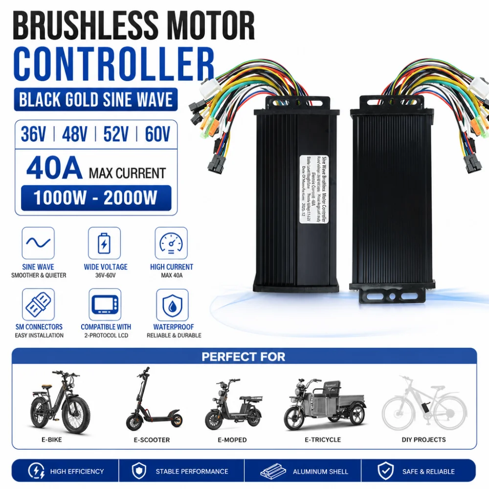 36V 48V 52V 60V 40A 1000W-2000W Sine-Wave Brushless Motor Controller, Suitable for Electric Bicycles with Protocol 2 LCD Display
