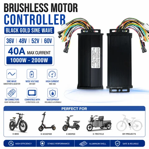 36V 48V 52V 60V 40A 1000W-2000W Sine-Wave Brushless Motor Controller, Suitable for Electric Bicycles with Protocol 2 LCD Display