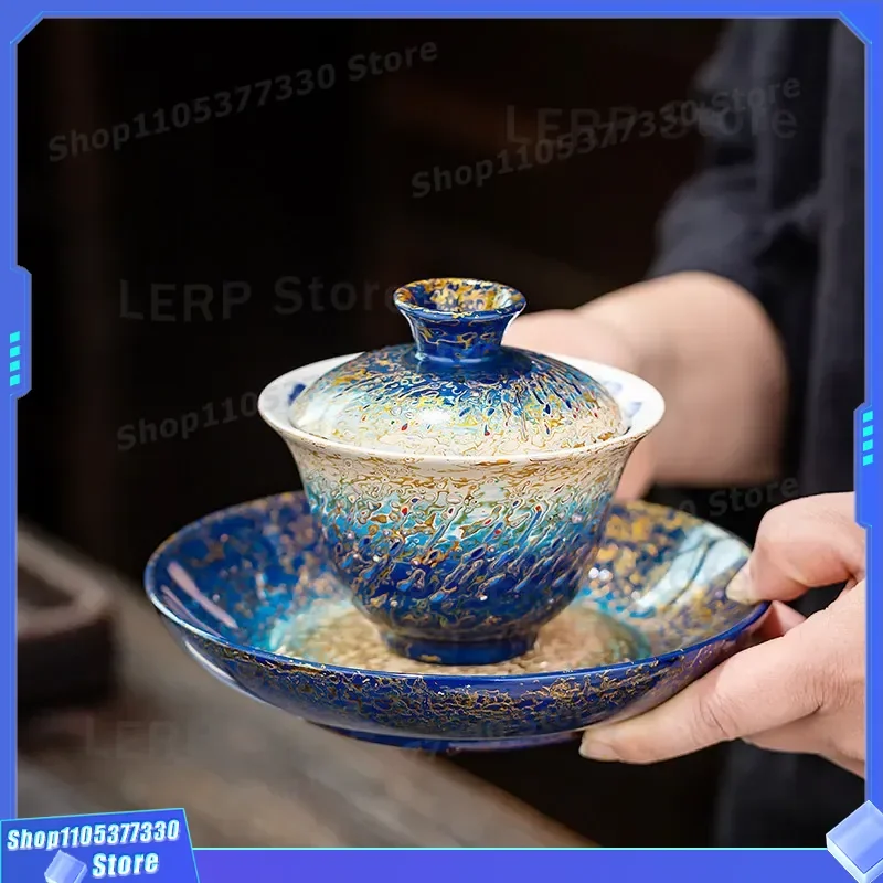 Large Lacquer Tea Set Manual Rhino Skin Texture Blue Gradient Cover Bowl Chinese Style High End Gift Box Traditional