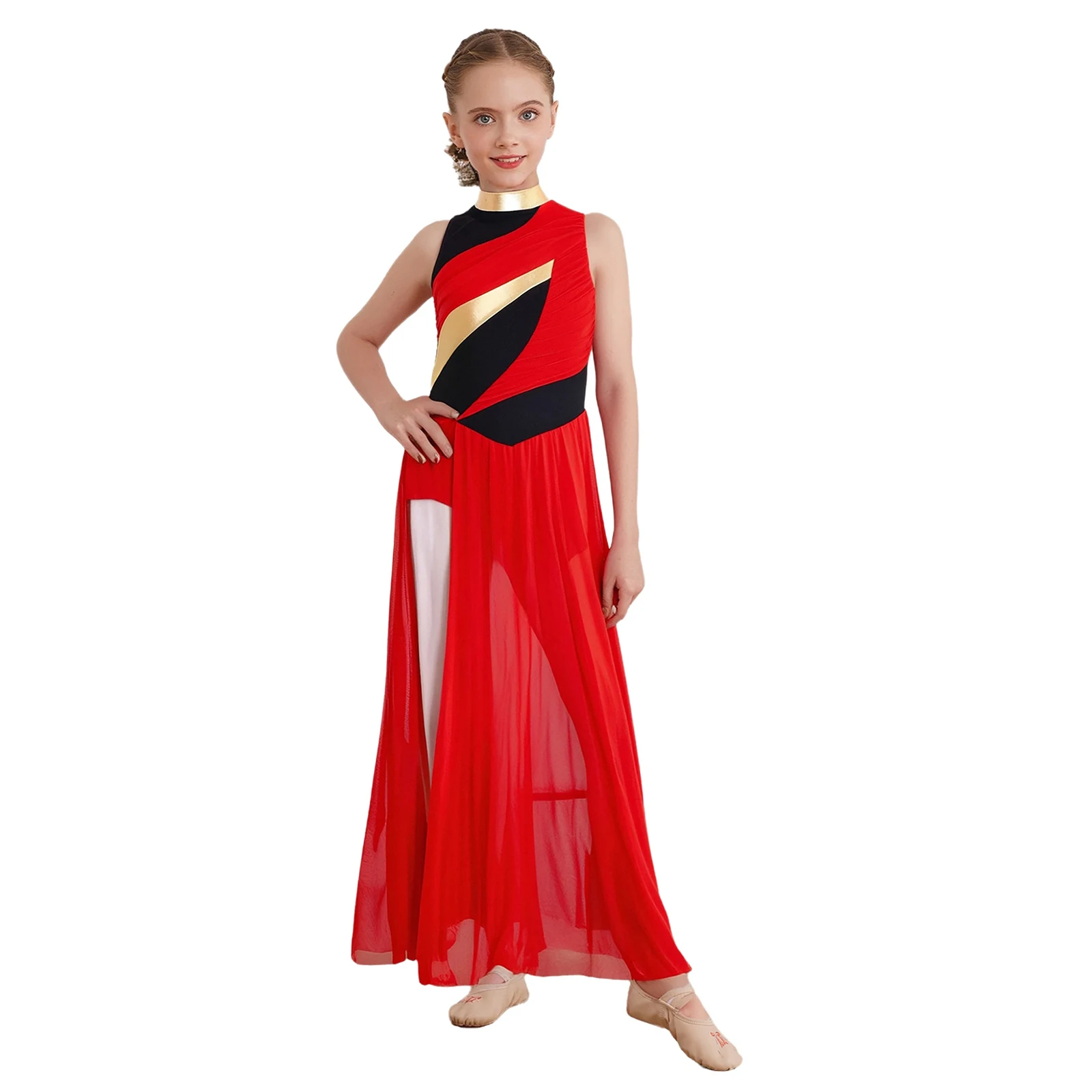 Lyrical Dance Dress Kid Girl Modern Ballet Show Costume Sleeveless Color Block Bodysuit Patchwork Mesh Split Flowy Chiffon Skirt
