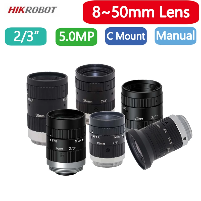 

HikRobot F2.4 2/3" 5MP Machine Vision Fixed Focal Lens C-Mount 8mm 12mm 16mm 25mm 35mm 50mm Manual Iris