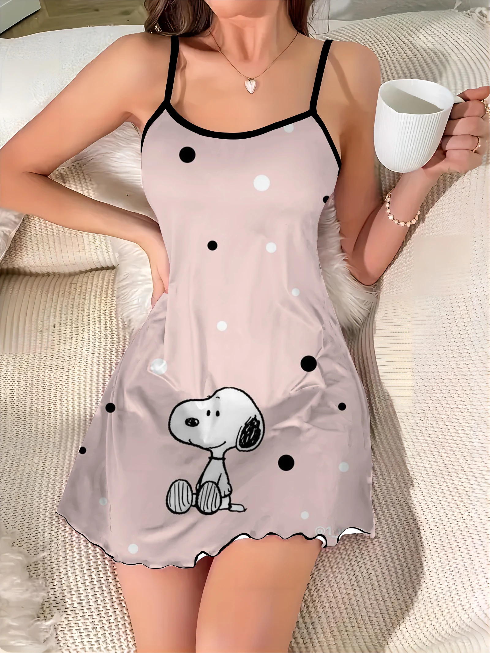 

Elegant Dresses for Women Home Dress Snoopy Crew Neck Lettuce Trim Fashion Summer 2024 Chic Mini Sexy Satin Trim Neck Slip Dress