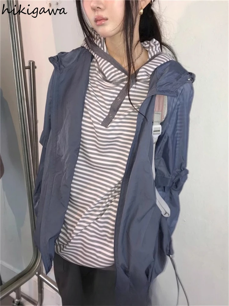 Sudaderas con capucha de estilo Preppy coreano para Mujer, Tops Y2k con capucha, sudaderas de manga larga a rayas, Ropa informal para Mujer, moda