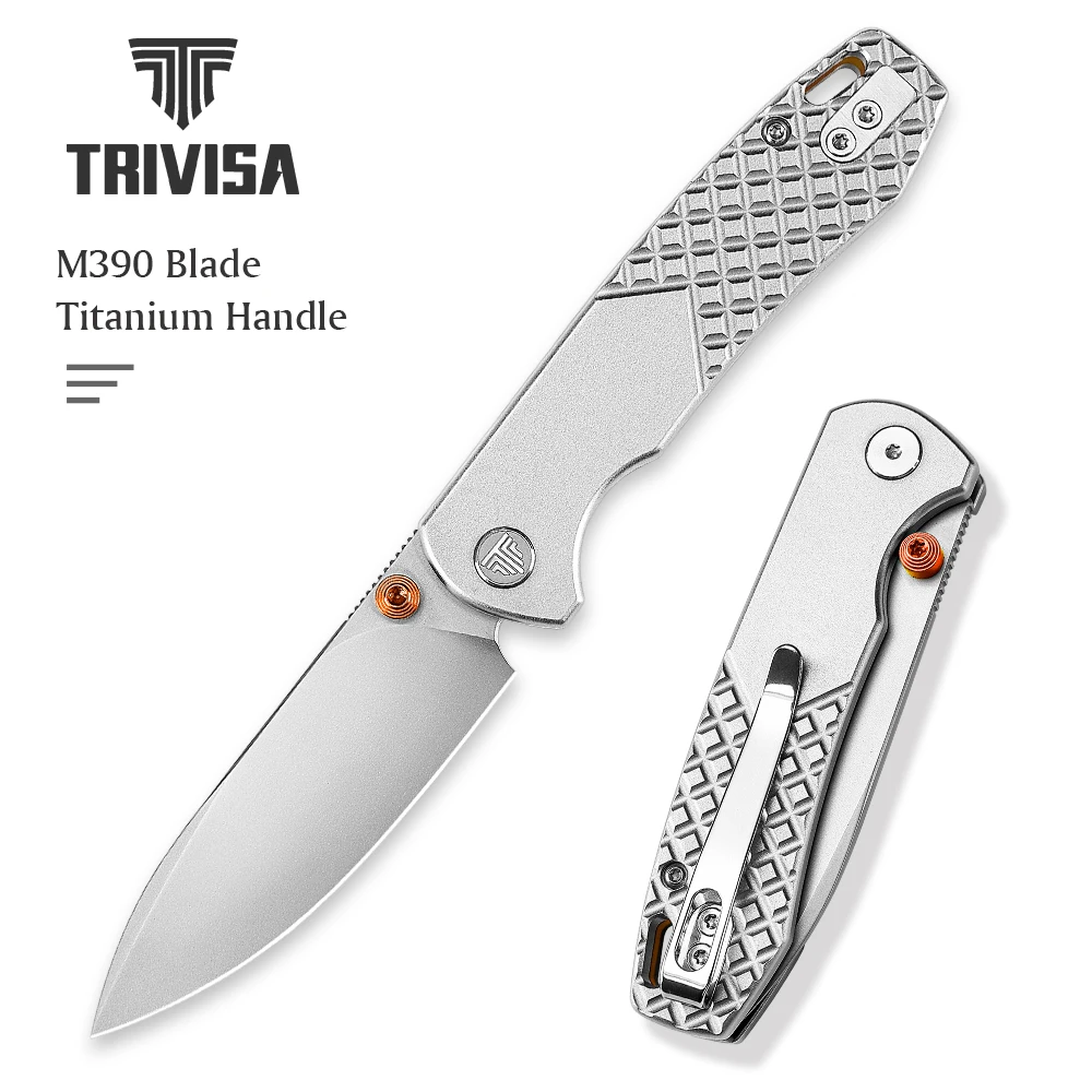 TRIVISA EDC Pocket Knife M390 Blade High-end Titanium Handle with Clip Camping Outdoor Use Camping Survival Hunting Gift for Men